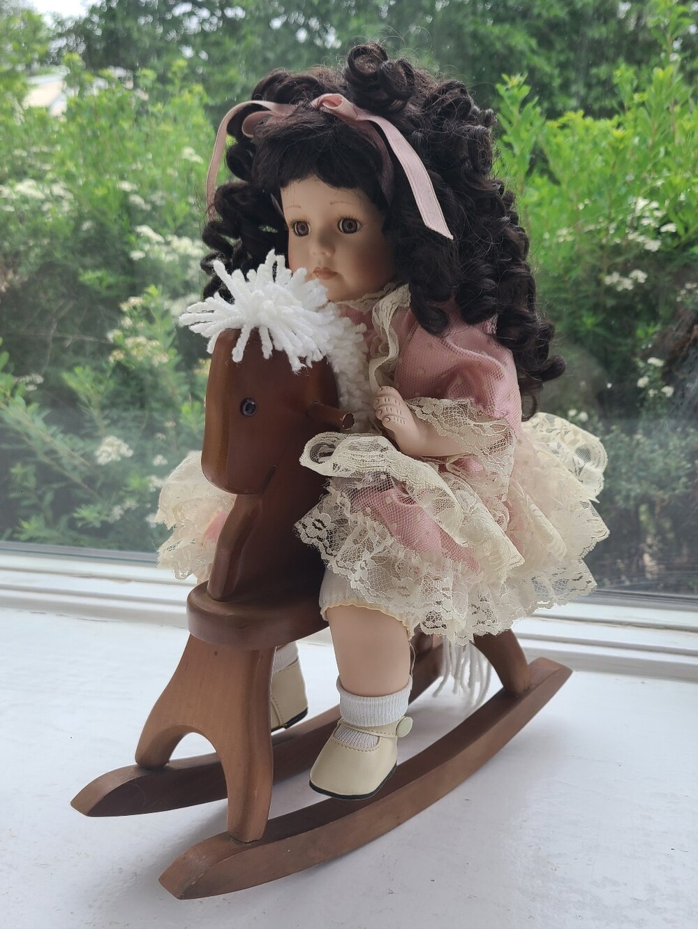 💕Porcelain Doll in Pink Lace Dress with Wooden Rocking Horse ~ Vintage